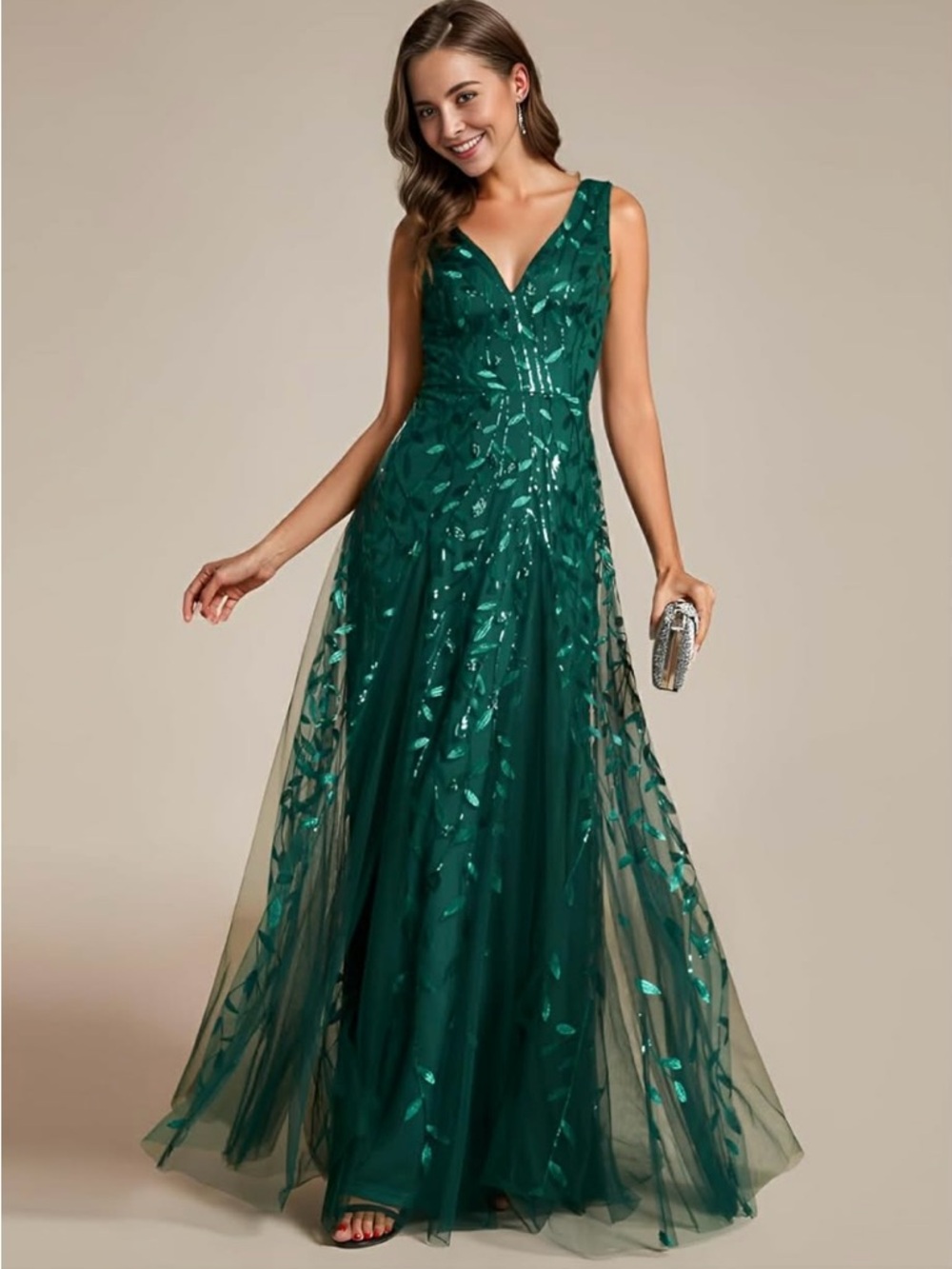 Ever Pretty Emerald Green V-Neck Sequin Leaf Maxi Dress Size 12 NWT - Picture 6 of 14